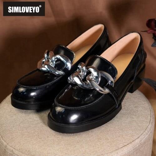 SIMLOVEYO 2021 Full Grain Leather Pumps Lofers Metal Chains Round Toe Platforms Slip On Thick Sole Block Heel Black White S2188