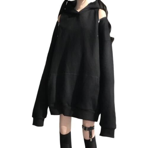 2020 Autumn New Gothic Women Oversized Long Hoodies Loose Solid Zip Hollow Out Shoulder Sweatshirts Darkness Pullover Pocket Top