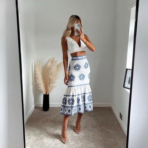 2021 Women Blue Embroidery Linen Skirt High Waist Side Zip Vintage Summer Midi Skirts Fashion Ruffle Hem Female Skirts