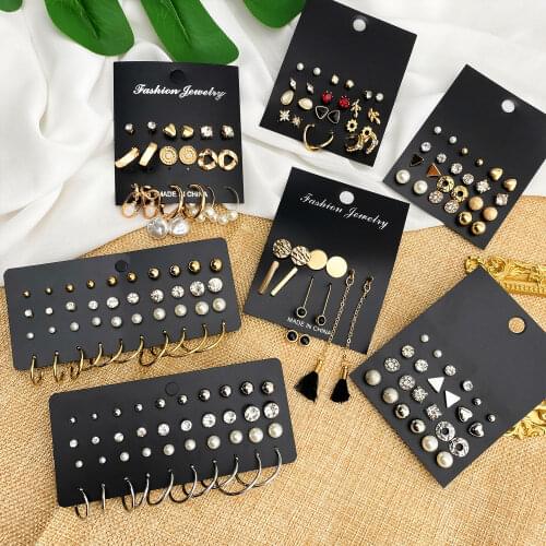 FNIO 12 Pairs/Set Womens Earrings Pearl Earrings For Women Bohemian Fashion Jewelry 2021 Geometric Crystal Heart Stud Earrings