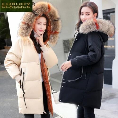 White Duck Down Winter Jacket Women Long Down Coat Female Down Parka Jacket Raccoon Fur Hood Thick Warm Cloth Outwear 930