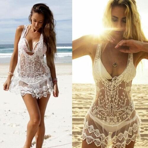 Women Ladieas Soldi Swimwear Beachwear Bikini Summer Holiday Beach Wear Cover Up Kaftan Sarong Summer Mesh Lace Tops