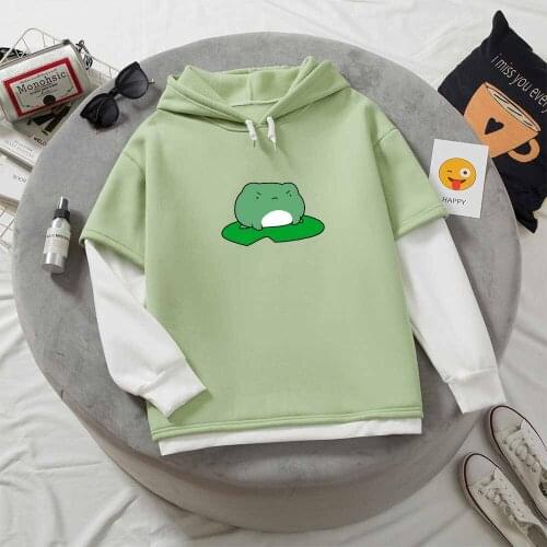Frog Cute Pullover Hoodie for Women Color Block Drop Shoulder Sweatshirt Couples Long Sleeve Oversize Sportswear Streetwear
