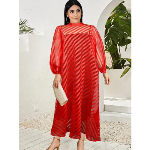 Plus Size 4XL Shirt Dresses Long Sleeve Red Striped Stand Collar See Through A Line Oversized Transparent Summer Casual Robe New