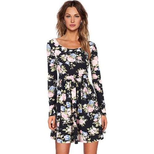 2020 Dresses Fashion Womens Long Dresses Print Women Summer Long Sleeve Knee Dress Beach Sundress Pleated waist Womens Clothing