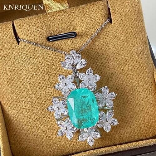 2020 Trend Vintage 925 Silver Sterling 12*16mm Flower Paraiba Tourmaline Gemstone Pendant Necklace Wedding Jewelry for Women