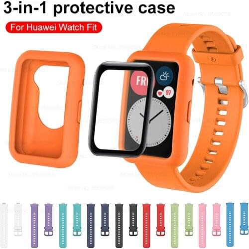 3in1 full cover protect shell for huawei watch fit strap+fiberglass soft silicone back coque for hauwei watchfit shockproof case