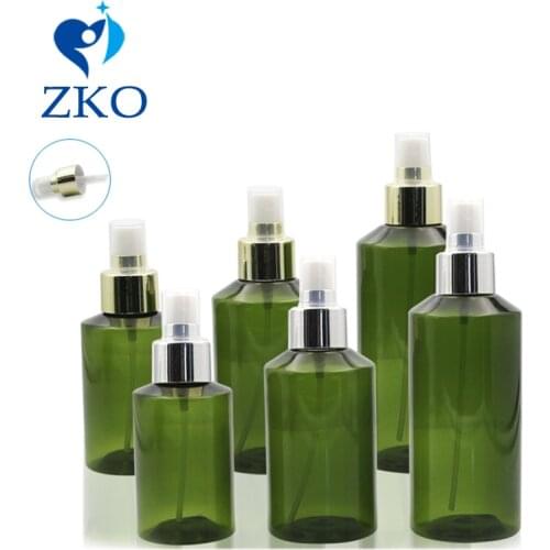 5pcs 50/100/150/200ml green sloping shoulder,round plastic bottle with golden aluminum mist sprayer spray bottle free shipping