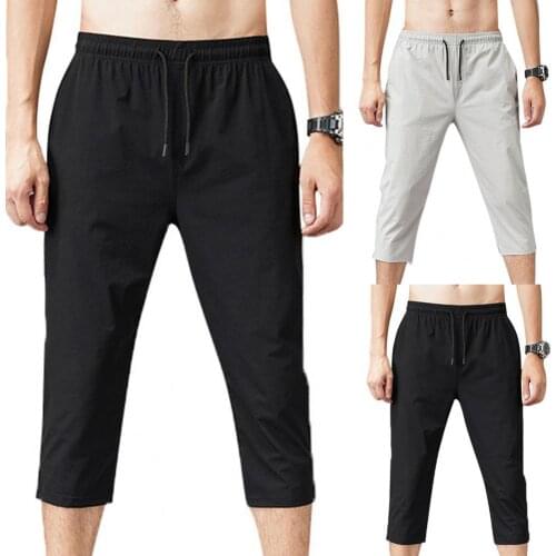 Summer Men Casual Pants 2021 Solid Color Elastic Waist Capri Pants Drawstring Stretchy Cropped Trousers Sweatpants Plus Size