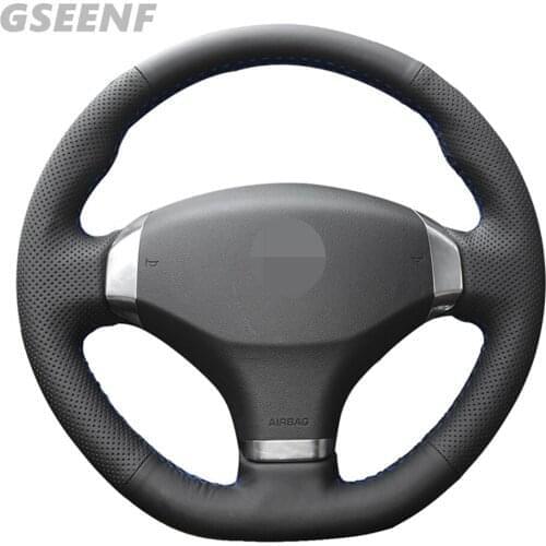 Car Steering Wheel Cover For Peugeot 408 2013 Black Hand-stitched Genuine Leather DIY Steering Wheel Cover