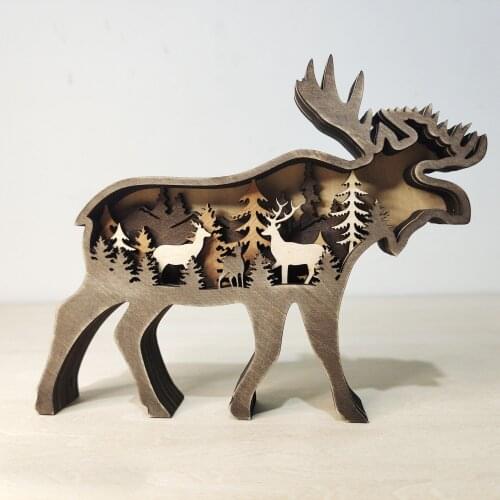 Wooden Forest Bears Craft Figurine Desktop Ornament Carving Elk Deer Model Creative Christmas Gifts Home Decor Sculpture