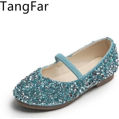 Childrens Catwalk Sequin Crystal Shoes Closed Toe Princess Girls Leather Loafers New