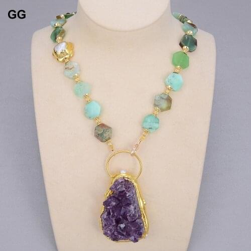 GG Jewelry Natural White Keshi Pearl Natural Green Chrysoprases Choker Necklace Purple Amethysts Cluster Pendant 18.5" For Women