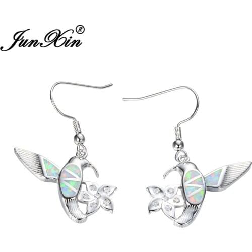 JUNXIN New Fashion Women Bird Animal Earrings White Fire Opal Earrings Silver Color Dangle Earrings For Women