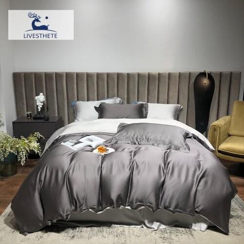 Liv-Esthete Women 100% Silk Gray Bedding Set Beauty Silky Duvet Cover Flat Sheet Pillowcase Queen King Bed Linen Free Shipping