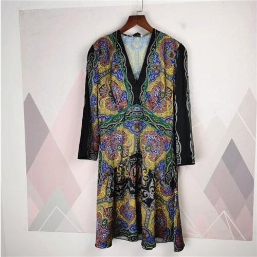 Summer Womens Bohemian Style Dress V-neck Three-quarter Sleeve Printed Womens Clothes Mini Party Holiday Dress