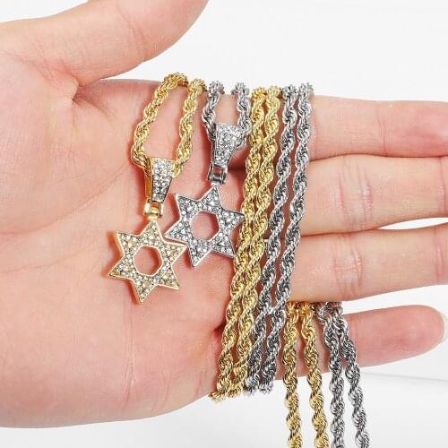 Men Hip Hop Jewelry Star David Hexagram Pendant Iced Out Chain Paved Bling Crystal Charm Necklace Chain Stainless Steel Titanium