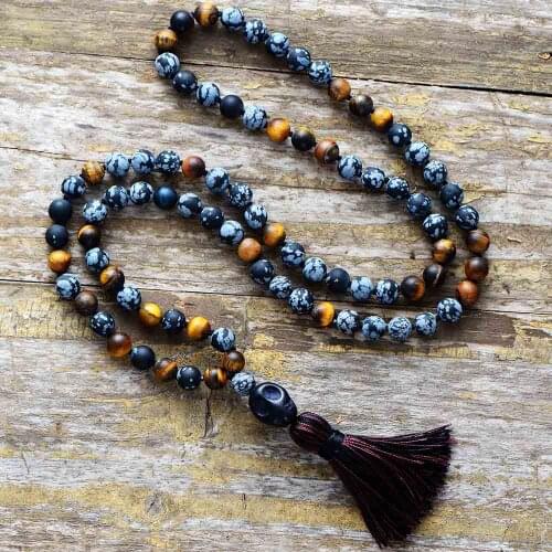 Men Necklace 8MM Matte Tiger Eye Stone with Skull Tassel Necklace Mens Rosary Necklace New Punk Man Jewelry Dropshipping