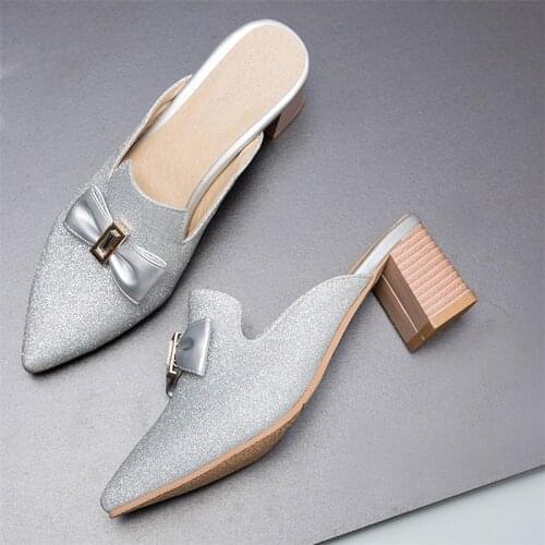 Block Heel Mules Shoes Women High Heels Pointed Toe Bow Outdoor Slippers Summer Womens Bling Glitter Slides Shoes Big Size 10