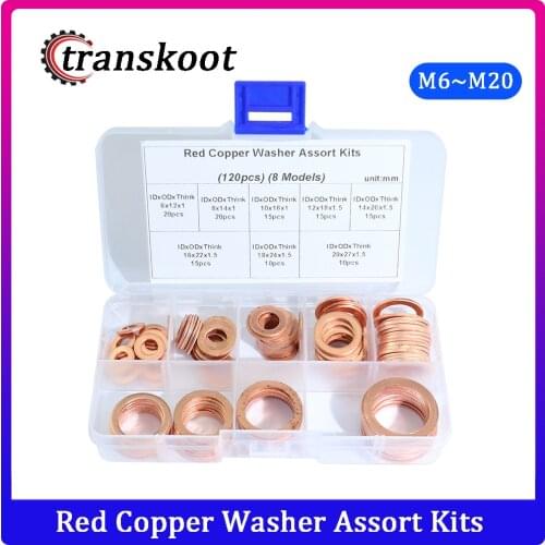 120pcs Red Copper Brass Gaskets Assortment Flat Washers Sealing Ring Set with Box For Hardware Accessories