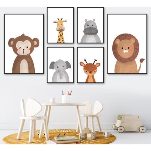 Giraffe Elephant Deer Lion Monkey Hippo Animal Wall Art Canvas Painting Nordic Posters And Prints Wall Pictures Kids Room Decor