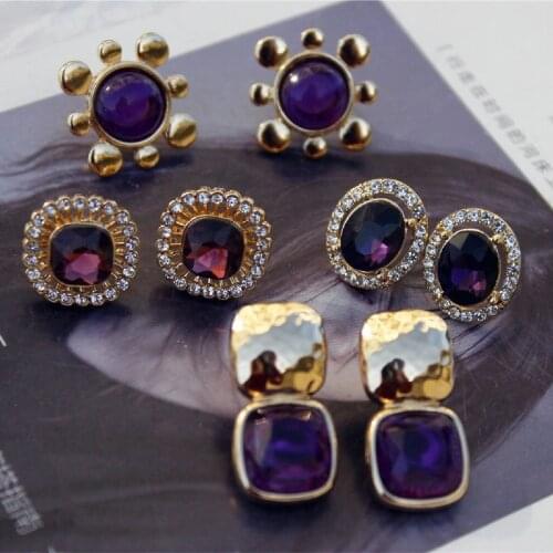 New texture purple precious gemstone earrings geometric retro palace imitation rhinestone jewelry femme