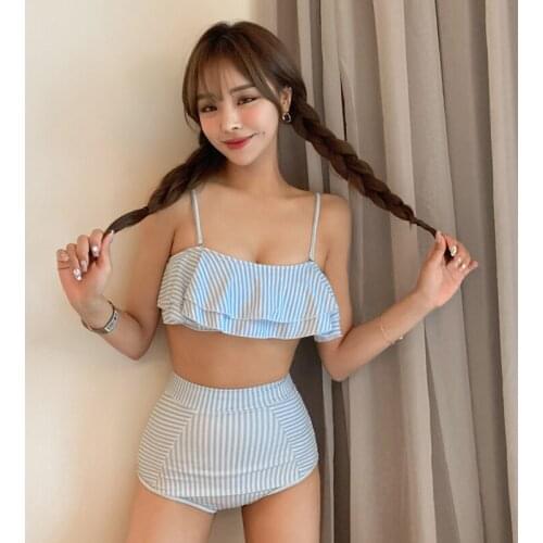2021 New Style Fashion Two Piece Swimwear for Women Blue Stripe Ruffled Bikini Set High Waist Summer Beach Bathing Suit