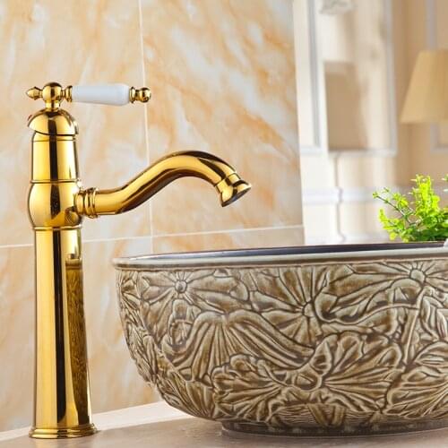 Gold plated water tap Bathroom sink basin faucet mixer, European Art retro style wash basin faucet hot and cold faucet brass