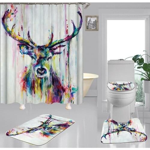 3D Goat Moose and Panda Animal Print Polyester Waterproof Shower Curtain Bathroom Non-slip Bath Mat Toilet Seat 4-piece Set