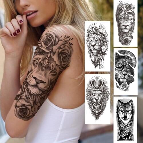 Lion Rose Flower Temporary Tattoos For Women Men Adult Realistic Wolf Forest Tattoo Sticker Black Fake 3D Peony Tatoos Forearm