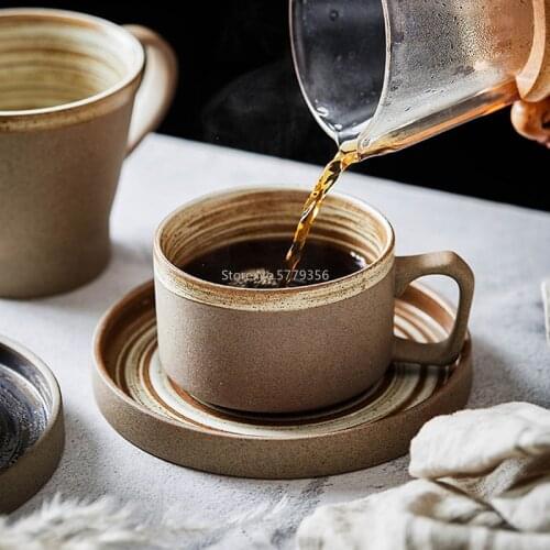 Japanese Style Retro Thread Stoneware Coffee Cup Saucer Set with Spoon Modern Minimalist Home Ceramic Breakfast Milk Cup Single