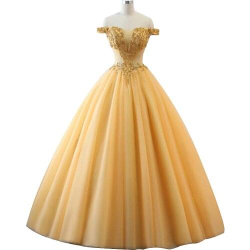 Yellow Ball Gown weding dress Beaded Off Shoulder Quinceanera Dress Masquerade Wedding Bride Gown Lace up Back Princess Gown