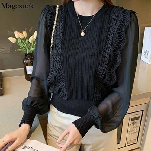 2021 Autumn Hollow Blouse with Lace Women Tops Elegant Fashion Ruffle Korean Shirt Puff Long Sleeve Round Collar Clothes 16552