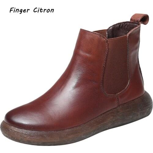 Finger Citron Genuine Cow Leather Women Anckle Boots Round Toe With Elastic Gum Rubber Outsole By Handmade And Soft Size 35-42