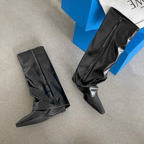 2022 Spring Chelsea Boot Patent Leather Turned-over Edge Women Shoe Mid-Calf Sweet Fashion Wedges Heels Party Size 35-40