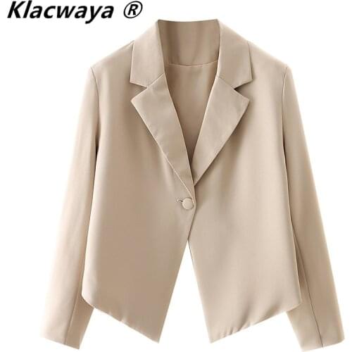 Klacwaya 2021 New Women Cropped Blazer Long Sleeves Irregular hem Fashion design Casual Chic Single Button Woman Blazer