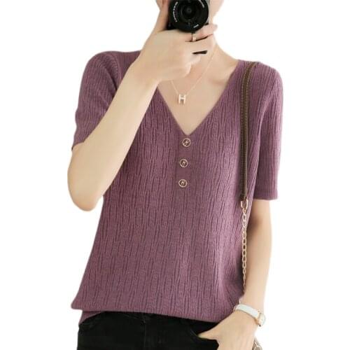 2021 spring new style 100% wool womens short-sleeved V-neck cashmere sweater T-shirt loose top
