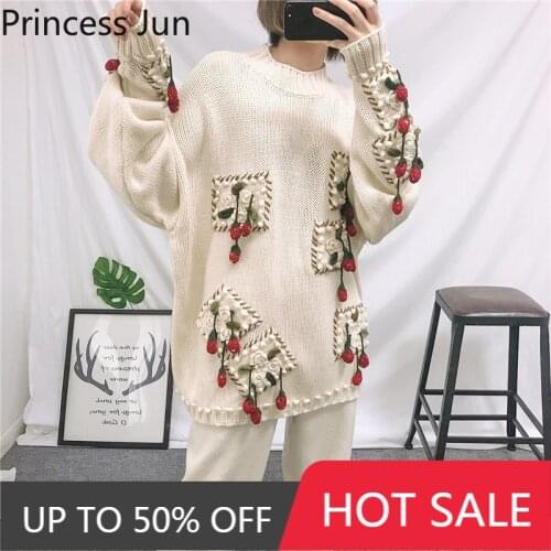 Women Fashion Sweaters Cute Strawberry Ball Loose Sweater Jumpers O Neck Hand Work Oversized Tops Warm Wool Knitwear Pullovers
