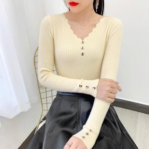 2021 New Autumn and Winter Womens Sweater V-neck Bottom Sweater Sexy Long-sleeve Knitted Top Slim Pullover Female Fashion 15825