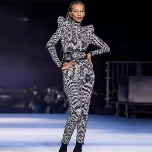 HIGH STREET Latest 2021 Fashion Show Baroque Designer Womens Peak Shoulder Long-Sleeved Geometric Jacquard Knitted Jumpsuit