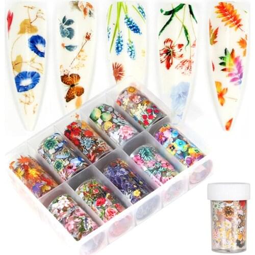 Kapmore 10 Rolls Flower Nail Decal Fashion Butterfly Nail Sticker Manicure Decal Colorful Transfer Nail Foil Sticker for Women