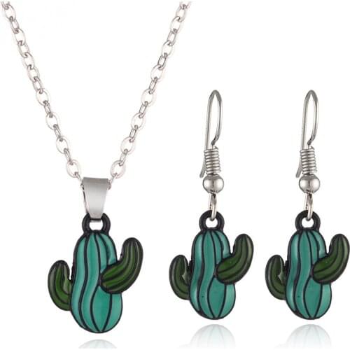 12pcs/Lot Halloween New Popular Series Green Desert Cactus Metal Necklace And Earring Set