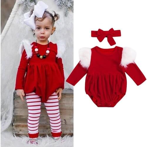 2021 Christmas Newborn Baby Girl Long Sleeve Fur Pleuche Romper Jumpsuit Headband 2PCS Xmas Clothe