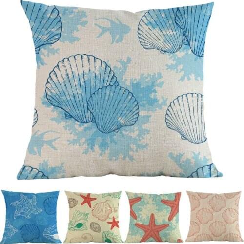 Ink Style Marine Animal Shells Starfish Pattern Pillow Case Home Sofa Chair Decoration Cushion Cover