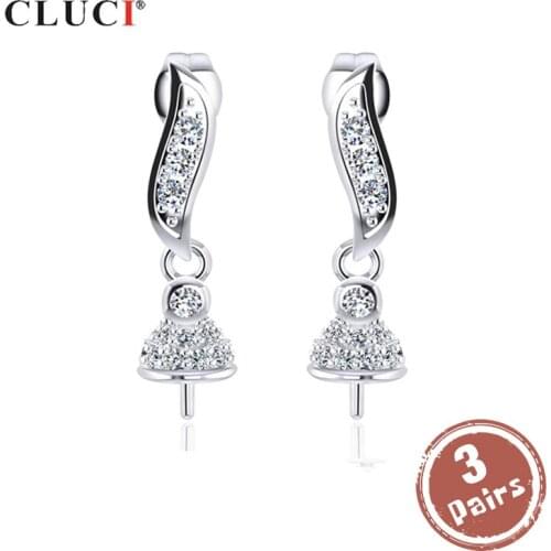 CLUCI 3 pair wholesale Silver 925 Drop Earrings for Women Pearl Mounting Zircon Earrings Jewelry for Women Wedding SE088SB