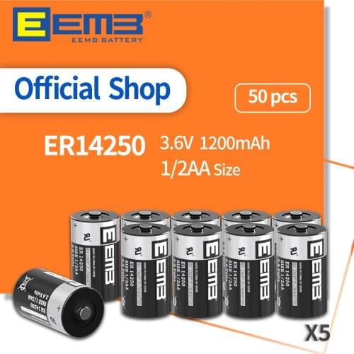 EEMB 50PCS 1/2 AA 3.6V Lithium Battery ER14250 Batteries 1200mAh Non-Rechargeable Battery for Toy Gas Meter Alarm Window Sensor