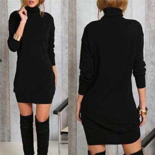 Hot Sale Warm Turtleneck Long Sleeve Dress Charm Women Vestidos 2021 Fall Winter Cotton Blend Mini Dress Casual Solid Dresses