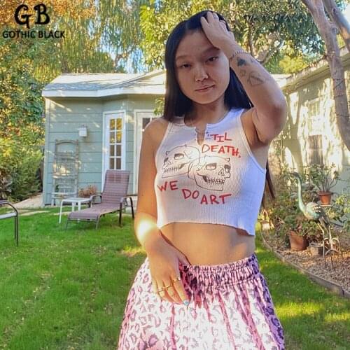 Gothblack Tank Top Dark Design Skull Letter Print Clip Hollow Out Gothic Crop Top Simple Slim Back To Basics Causal Streetwear