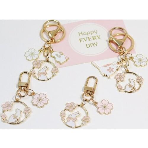 Ins Style Cherry Blossom Rabbit Keychain Original Cute Pink Metal Key Ring Airpods Pendant Lady Girl Bag Ornament Accessories