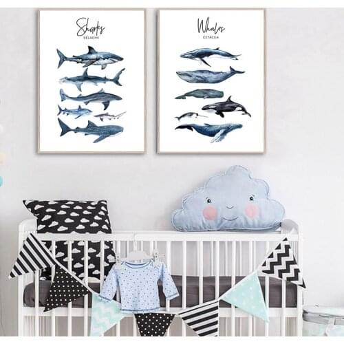 Nautical Sea Nursery Painting Whale Shark Canvas Poster Animal Art Print Education Wall Picture Nordic Kid Baby Bedroom Decor